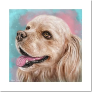 Painting of a Happy Blonde Cocker Spaniel with It's Tongue Out Posters and Art